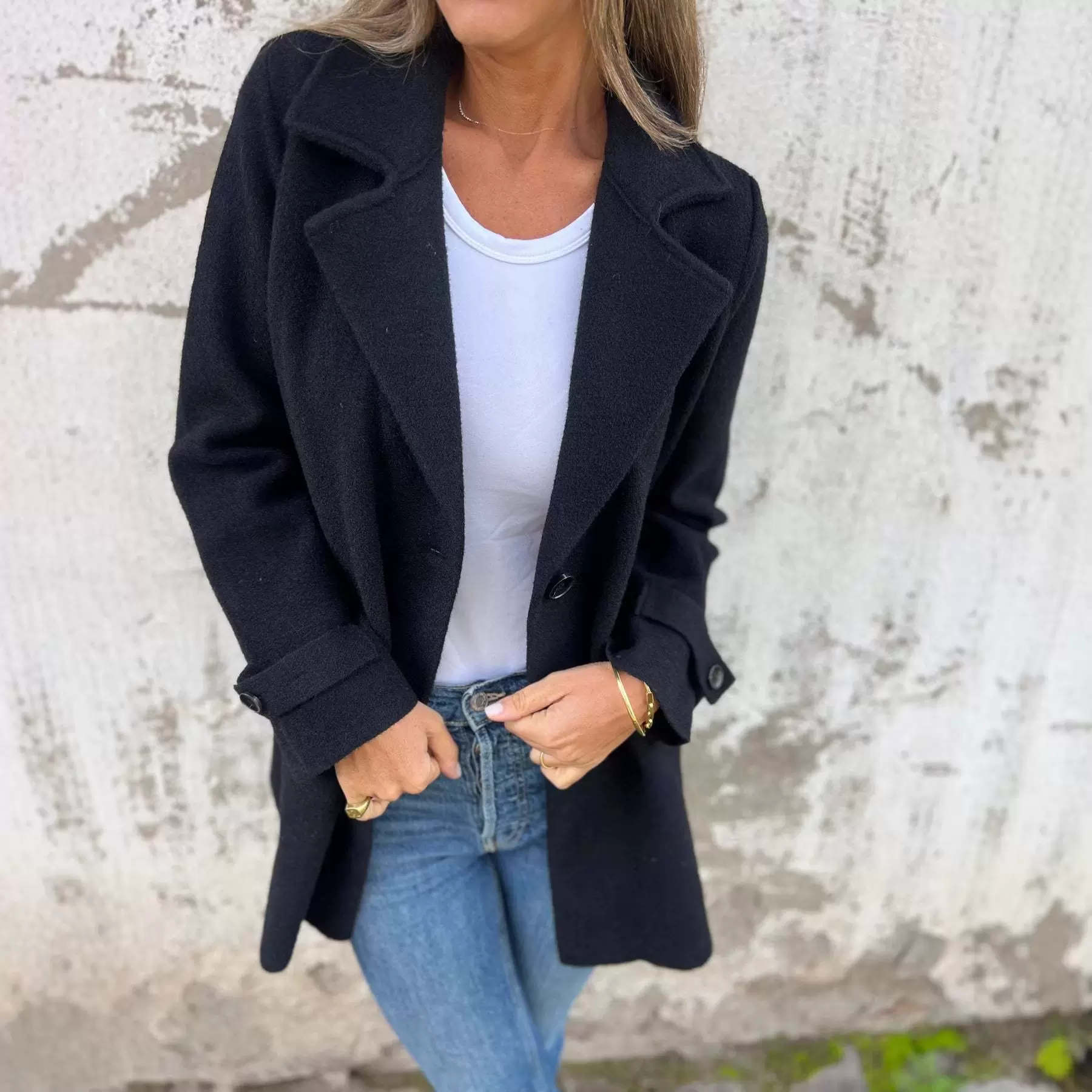 亚马逊2024欧美跨境秋冬新款女装毛呢外套休闲宽松翻领假口袋开衫