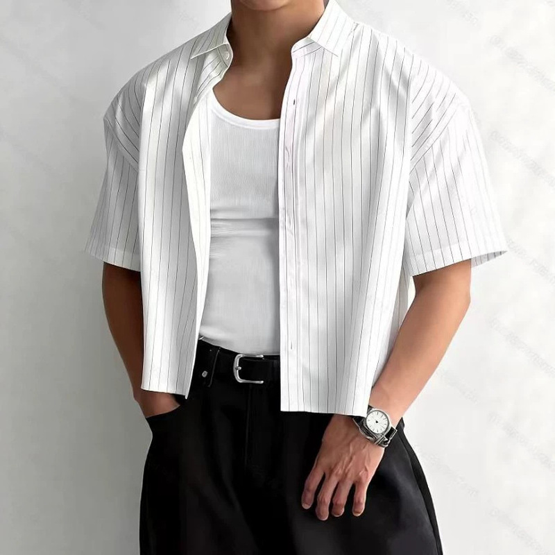 Men's Casual Loose Striped Short-Sleeved Shirt, Suitable for Spring and Summer Wear, Short-Cut Shirt