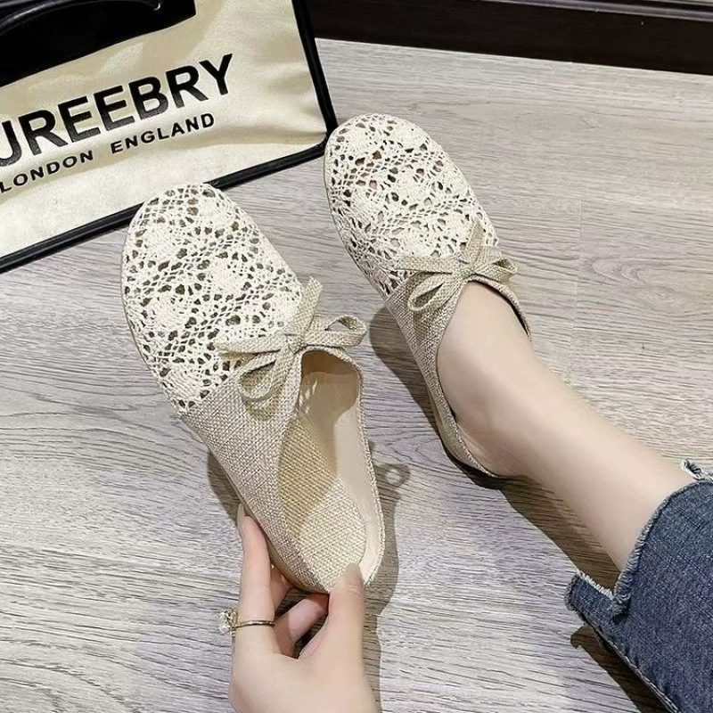 Женские тапочки 2025 новые летние универсальные уличные сетчатые дышащие нескользящие льняные хлопковые полутапочки сандалии