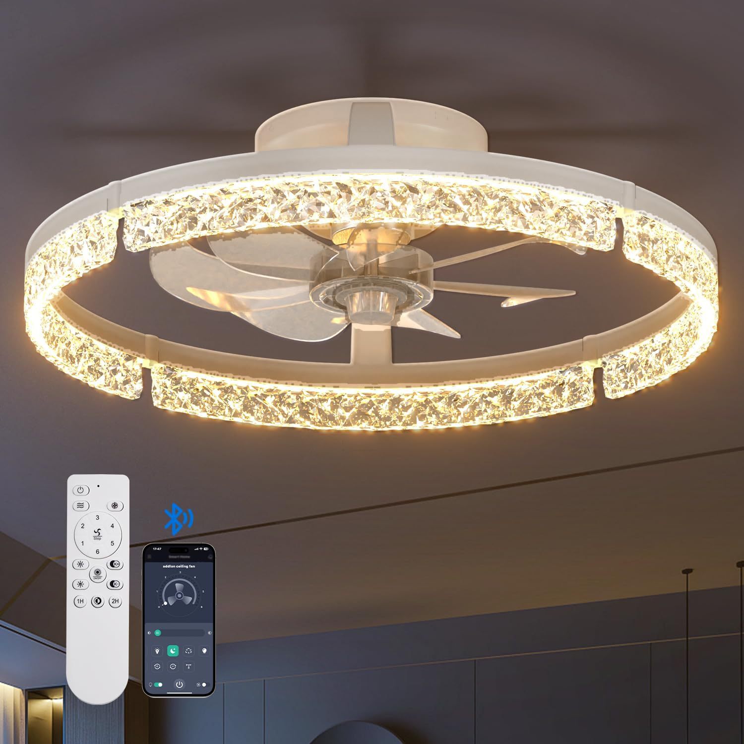 Amazon's Best-Selling Led Fan Light 50W 20inch Diamond Circle Ceiling Fan Light Bedroom Fan Light Foldableing Small Size