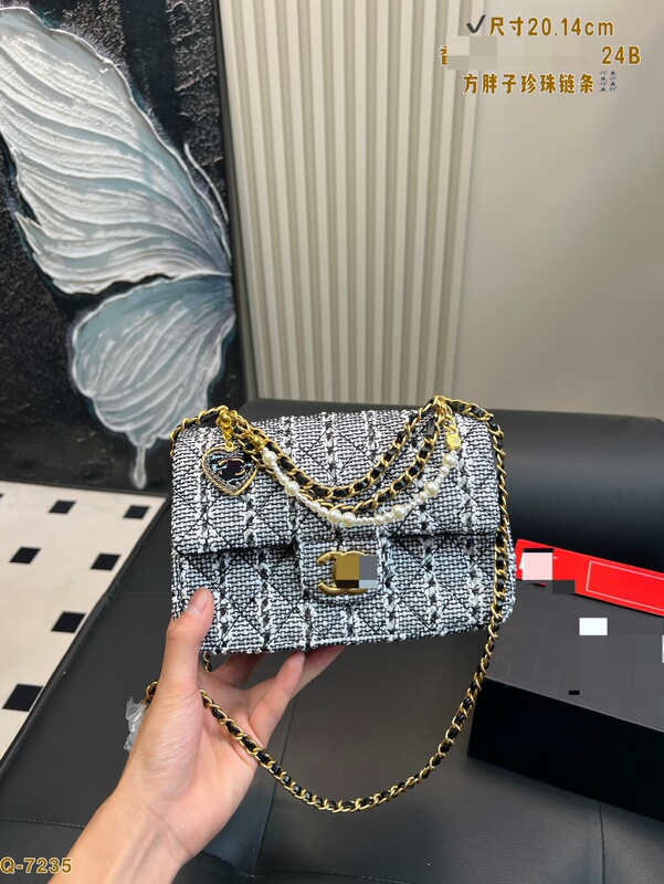 韩版小香风链条包毛呢珍珠CF女包格纹单肩包洋气百搭斜挎包新款|undefined