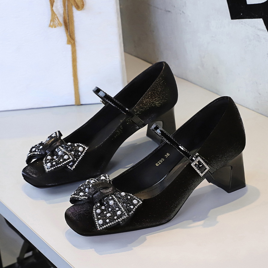 6295-H99 Women's Chunky Mid-Heel Mary Jane Shoes With Rhinestone Bow, Versatile Satin Strap, Square Toe_vogvips.com
