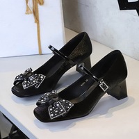 6295-H99 Thick Heel Middle Single order Shoes Women's Water Diamond Bow Versatile Silk One line Buckle with Square Head Mary Jane Shoes