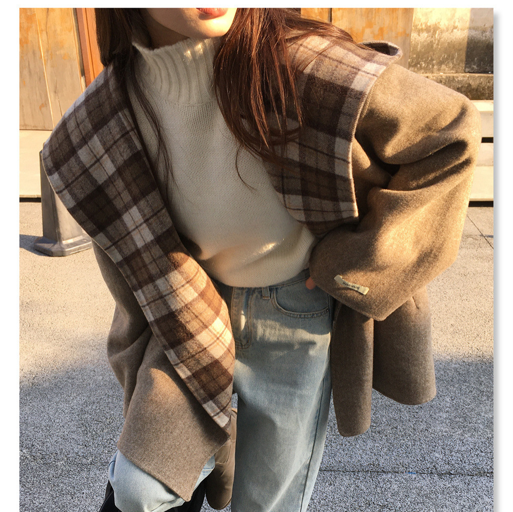 Now 3m Double-Sided Wool Plaid Hooded Bathrobe Korean Style Loose Women's Coat Woolen Jacket