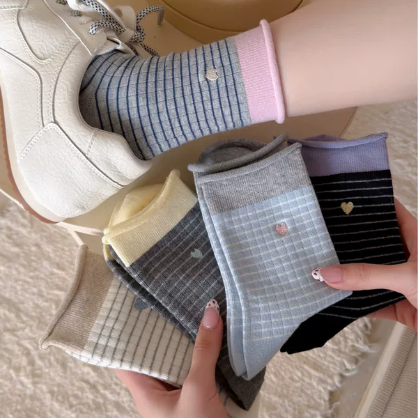 Japanese-Style Ins Thin Striped Women's Socks, Spring and Summer Color-Blocking Heart Embroidery Mid-Calf Socks, Cotton Socks, Women's Slouch Socks
