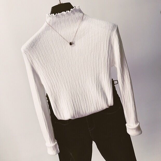 New autumn and winter knit sweater, versatile ribbed trim base layer, women's long-sleeved mid-neck top