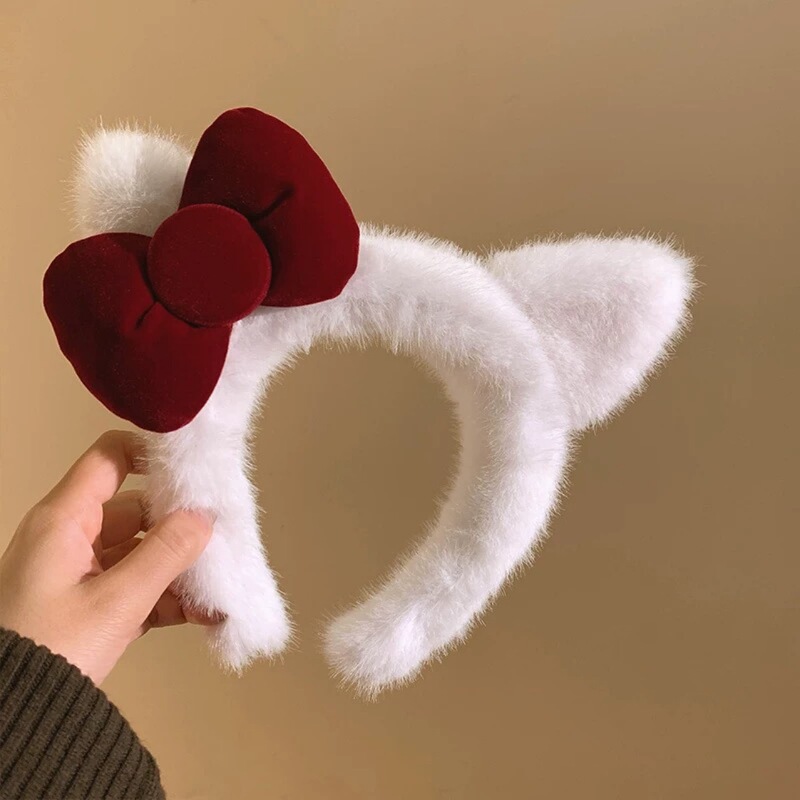 かわいいリボン猫耳白ぬいぐるみヘッドバンド女性の洗顔メイクマスクヘッドバンドヘアピンヘッドバンド秋と冬|undefined