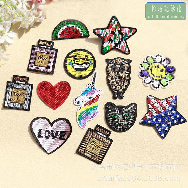 外贸绣花布贴亮片绣补丁贴可翻片衣服装饰珠片绣贴背胶熨烫贴辅料