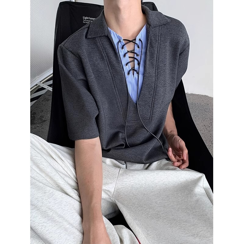 Unique Patchwork Lace-Up V-Neck Short-Sleeve T-Shirt for Men, Faux Two-Piece Polo Shirt with a Cool and Sophisticated Style, Half-Sleeve Top Unique Patchwork Lace-Up V-Neck Short-Sleeve T-Shirt for Men, Faux Two-Piece Polo Shirt with a Cool and Sophisticated Style, Half-Sleeve Top