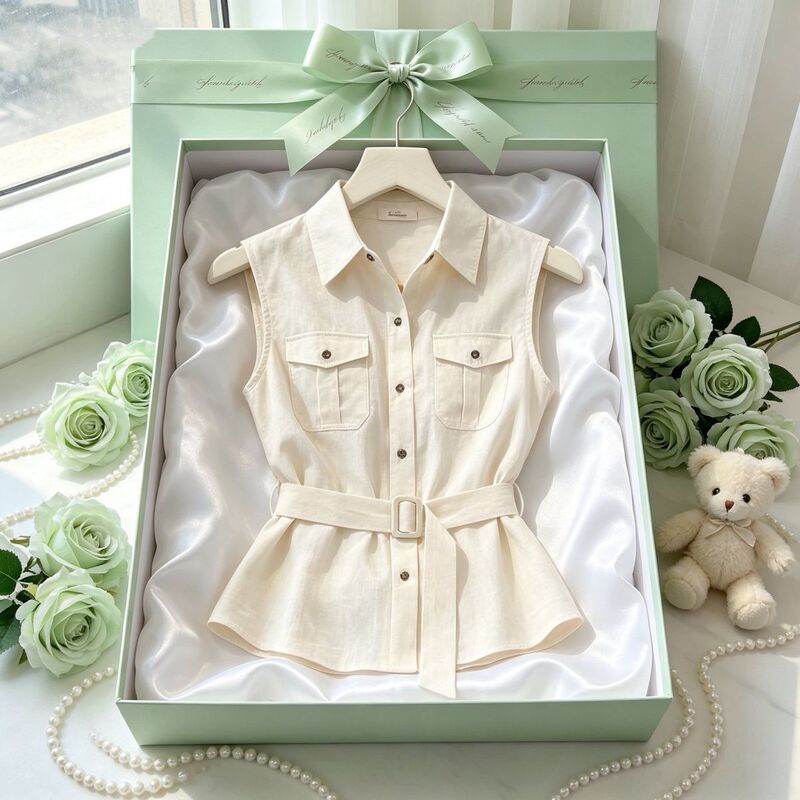 2026 Summer Plus Size Casual Chic Solid Color Sleeveless Collared Shirt, Slimming Waist, Versatile Single-Breasted, Super Elegant