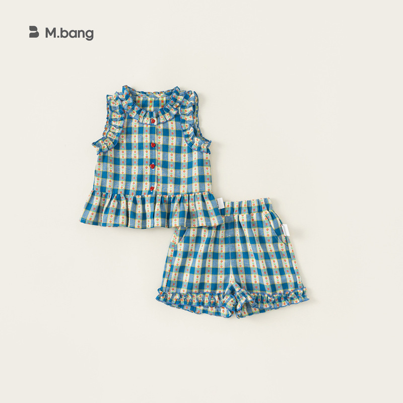 Yibao Children's Clothing Girls New Plaid Two-Piece Sleeveless Top Sweet Lace Shorts Baby Girl Fashionable Suit