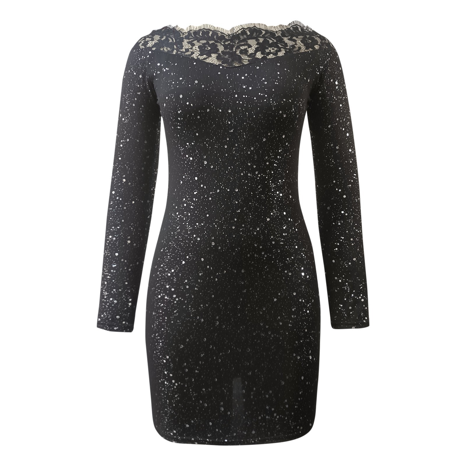 Sheath Dress Fashion Boat Neck Lace Long Sleeve Polka Dots Knee-length Daily display picture 4