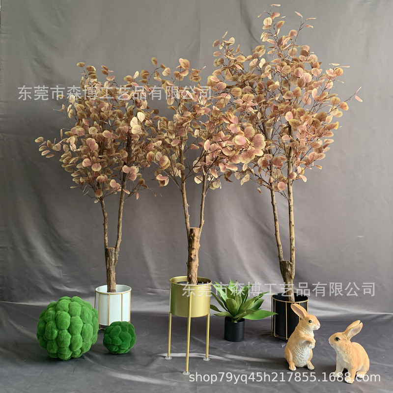Artificial Green Plant Autumn Eucalyptus Money Tree Potted Japanese Bell Plant Potted Floor Real Wooden Pole Fake Tree