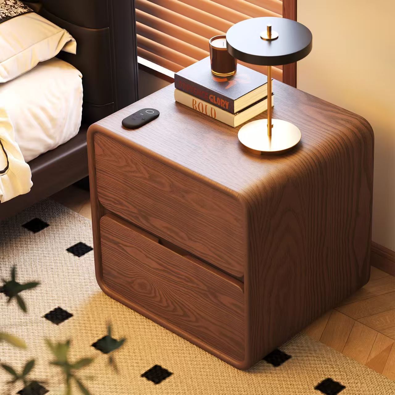 New Solid Wood Bedside Table, Modern, Simple, Light Luxury, Small Bedroom, Home Use, Leather Storage Bedside Cabinet, Retro Style Factory