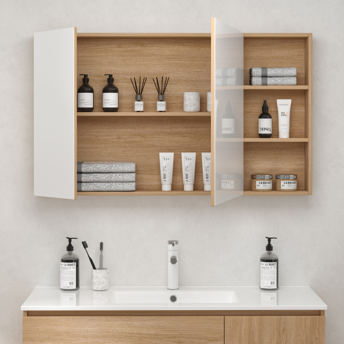 Custom wholesale original wood color integrated ceramic sink bathroom cabinet mirror cabinet set with face basin cream style bathroom