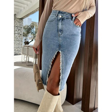 O 20675 High Waist Split Denim Midi Skirt ��������ţ�а�ȹ