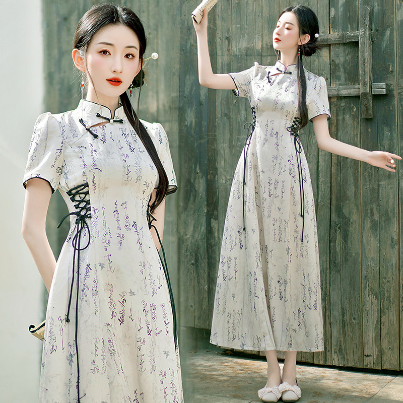 Real shot new Chinese style national style plate buckle stand collar oblique lapel lace retro ink printing short sleeve temperament classical dress