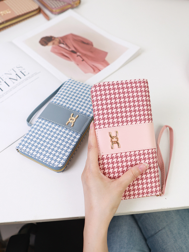 Etiqueta transfronteriza nueva billetera de mujer de pata de gallo billetera larga con estampado de cremallera billetera de moda bolso de tarjeta de teléfono móvil