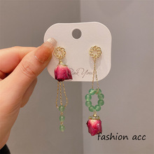 青缇碾玫瑰 新中式超仙复古串珠不对称流苏耳环永生花鲜花耳环