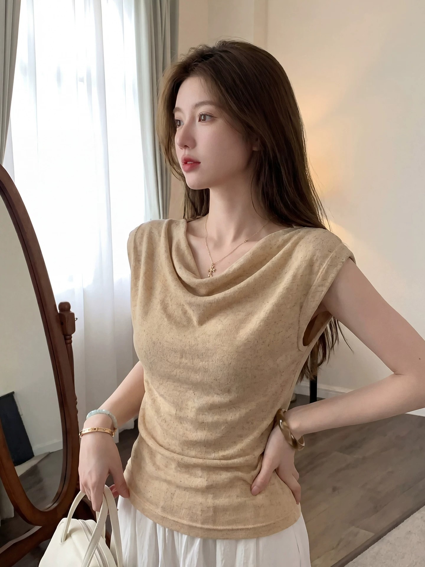 Korean-Style Niche Unique Drape Collar Hollow-Out Knit T-Shirt for Women, 2026 Summer New Casual Lazy Sleeveless Ins Top