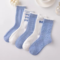 新品秋冬襪子女中筒襪日系jk百搭甜美可愛花邊堆堆襪藍色長襪批發