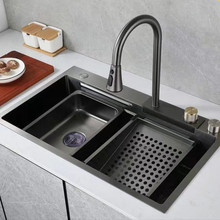 厨房水槽飞雨瀑布一体不锈钢抽拉式龙头水槽套装台下洗菜盆大单槽