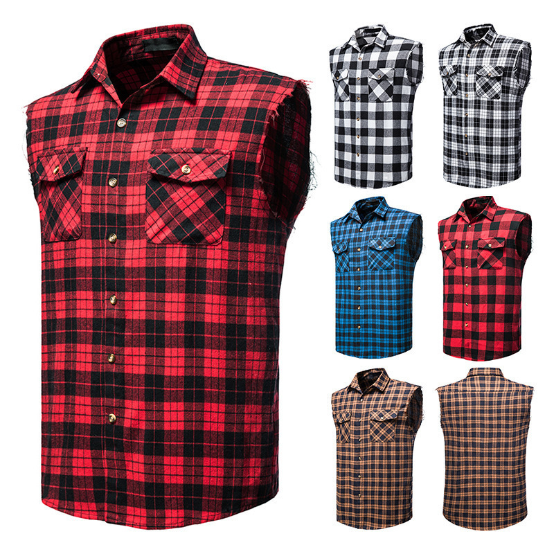 2023 Summer New European Size Men's Casual Sleeveless Shirt Amazon Fashion Plaid Multicolor Shirt Large Goods