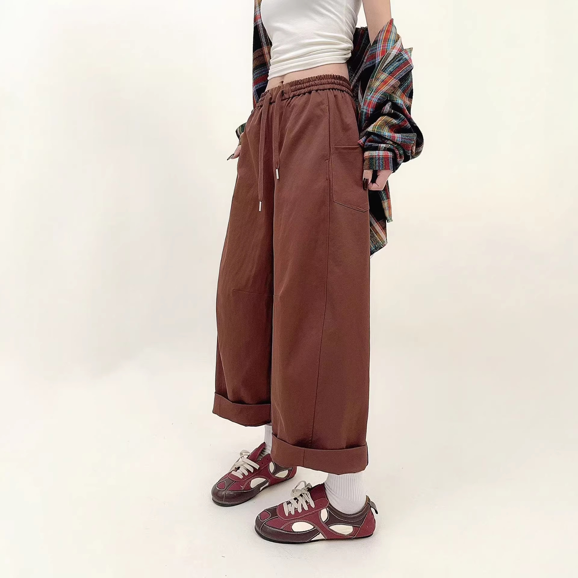 春季新款韩系休闲时尚简约纯色净版侧口袋挽边宽松休闲裤长裤3545