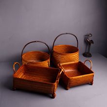 竹编收纳筐 大漆茶具桌面收纳盒茶室桌面水果中式手工竹篮子提篮