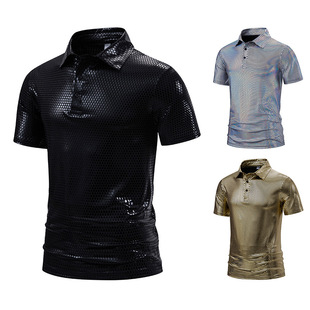 Amazon men's party stage bright short sleeve lapel T-shirt 020P40