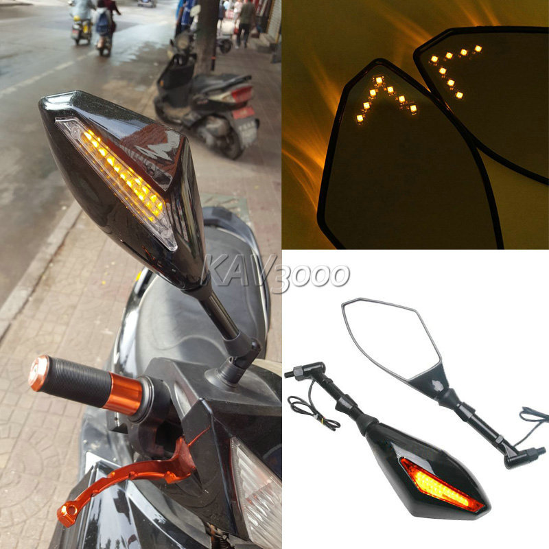 摩托车改装带LED转向灯后视镜街车太子巡航踏板车反光镜8mm/10mm