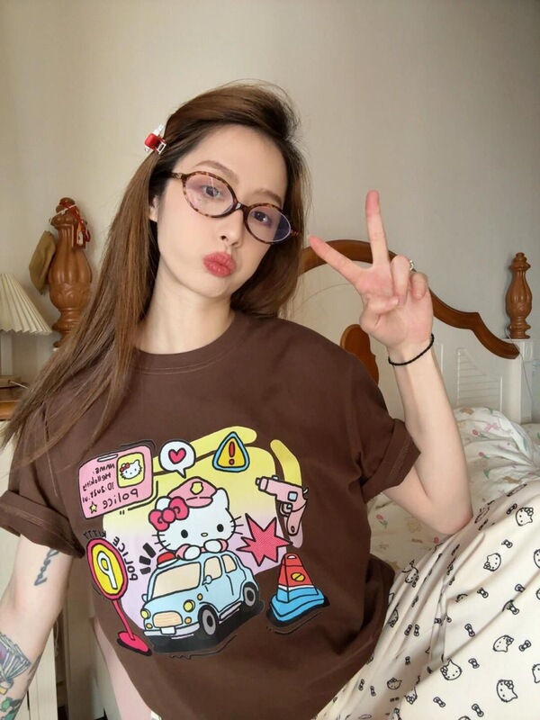 コットンダークカラー多用途ピュアコットン半袖Tシャツレディースキャンパスハローキティプリント半袖Tシャツトップスメンズ|undefined