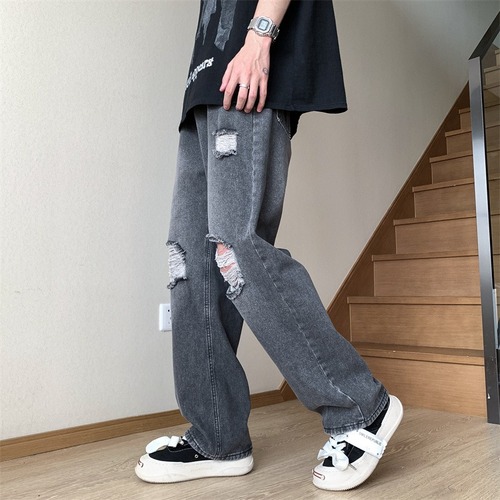 American-style high-street vibe ripped denim jeans for men, summer thin straight-leg trendy brand pants—casual floor-length trousers for spring and autumn