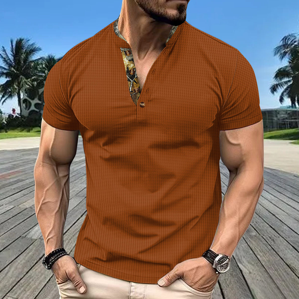 2023 Sommer Neues Herren-Poloshirt mit Waffelmuster, doppellagig, Stehkragen, kurze Ärmel_voghion.com