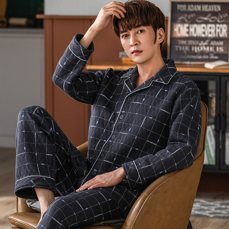 Pajamas gruesas para hombres otoño y invierno de manga larga algodón intercalado conjunto de calor para hombres jóvenes y de mediana edad ropa de hogar suelta