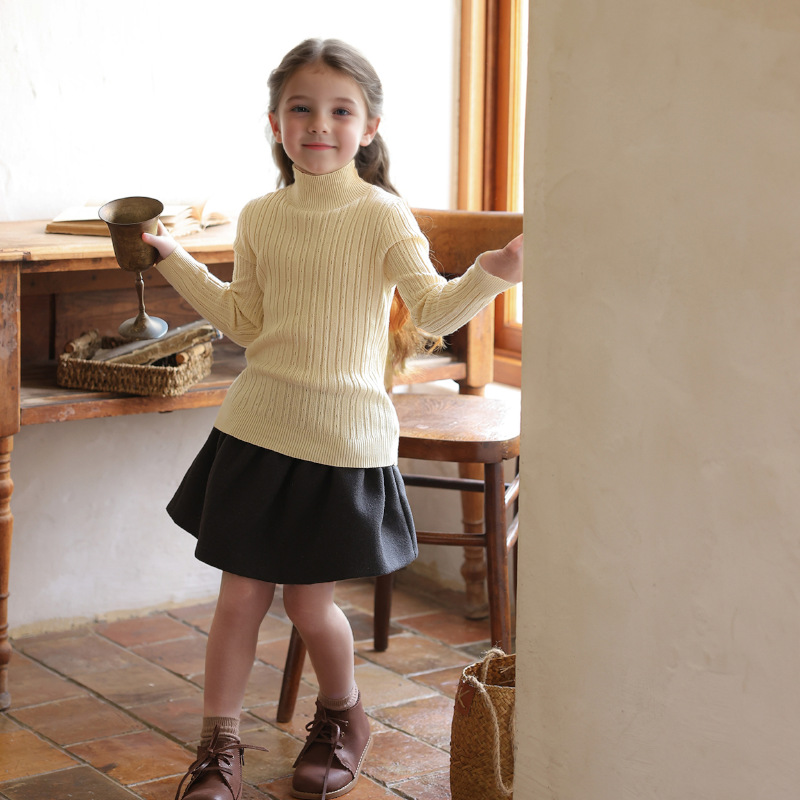 Suéter infantil, camiseta de punto, otoño y invierno, niñas y niños, cuello medio alto, bebé, camiseta de punto de fondo de color sólido, niños y niños