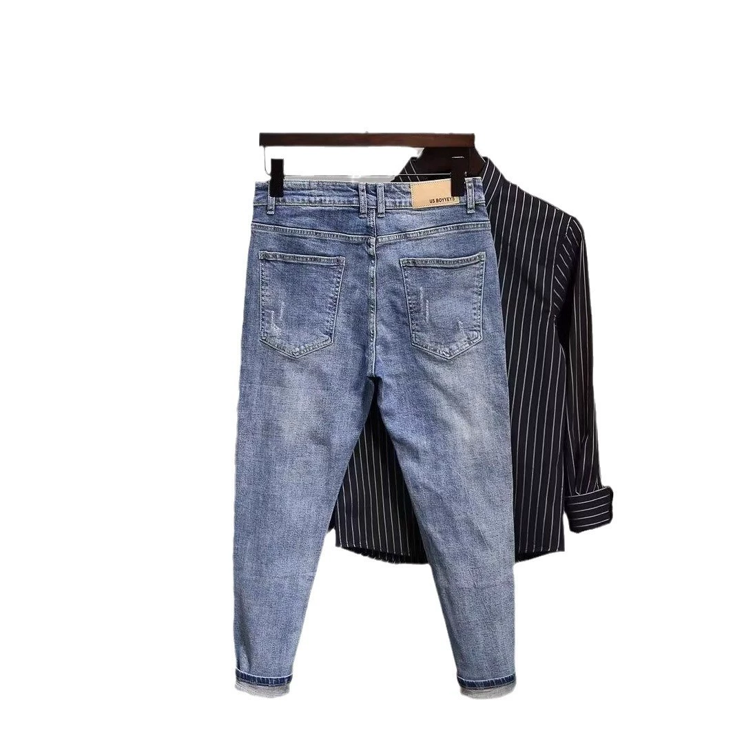 Летние трендовые джинсы, синие эластичные универсальные брюки, slim fit