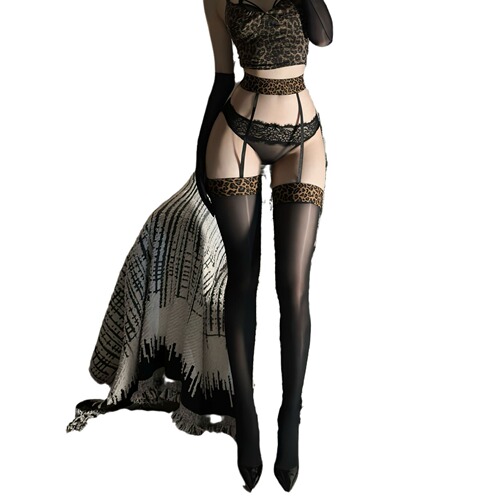 Sexy leopard print iridescent glossy stockings over-the-knee long black sheer stockings pure desire silky suspender stockings thigh-high stockings A226