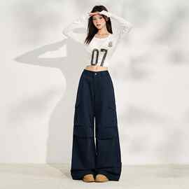 批发宝蓝色工装牛仔裤女秋季高腰宽松设计感可收脚口阔腿裤