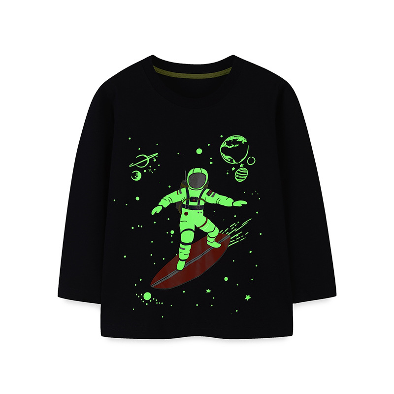 Camiseta de manga larga para niños de algodón europeo y americano otoño nueva tendenciayy astronauta planeta estampado top luminoso para niños