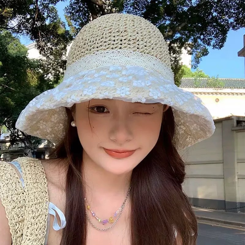 遮阳帽女手工帽田园风森系法式蕾丝花朵遮阳网纱珍珠度假防晒帽子