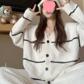 韩国半边绒冬天睡衣加绒加厚针织开衫女新款条纹秋冬季家居服春季