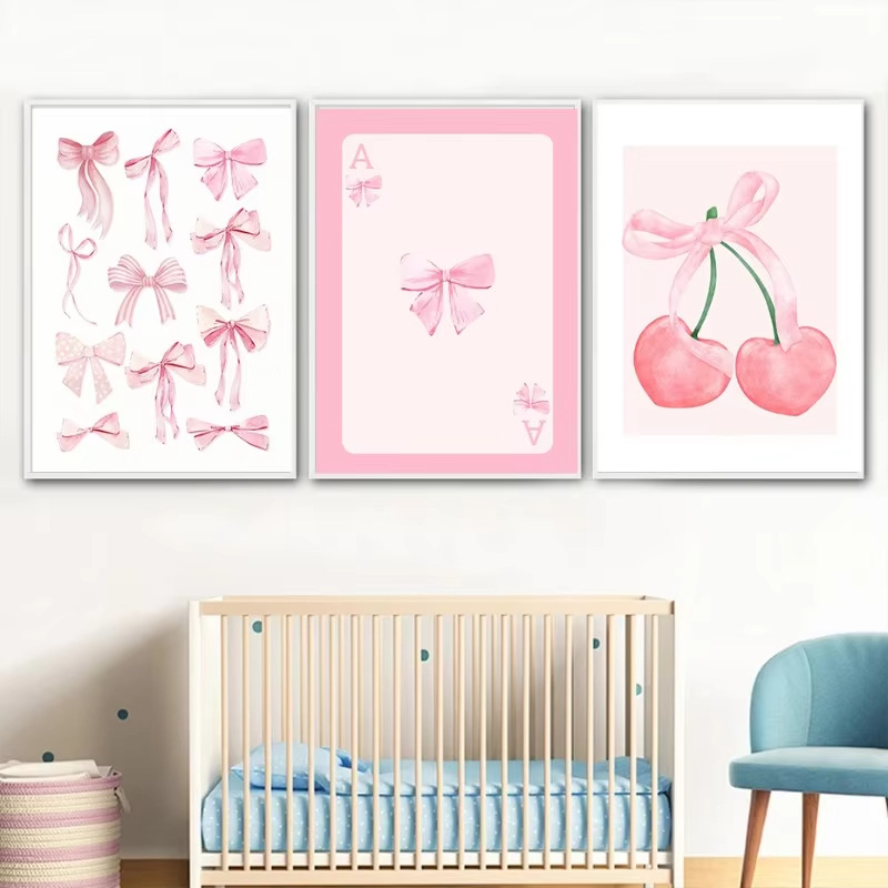 Cherry, Butterfly, Bow Knot Pattern Cute Cherry Butterfly Bow Knot Canvas Painting Wall Art