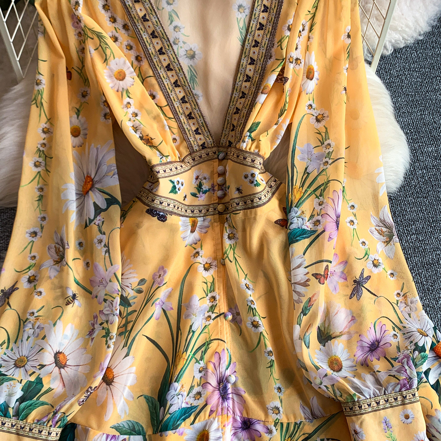Retro Court Style Women's Dress Sexy Deep V Neck Long Sleeve Summer Floral Print Elegant Fairy Romantic_ecoleips.com