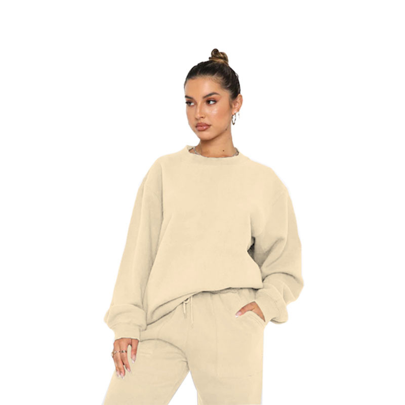 211257 autumn and winter New European and American solid color fleece-lined round neck pullover long sleeve sweater fashion casual trousers suit