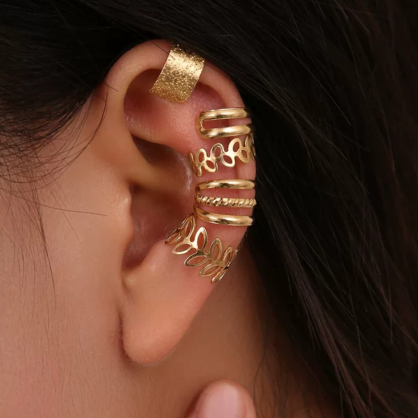 Cross-Border Retro Ring Ear Clip Five-Piece Set Without Piercing Multi-Layer Hollow Leaf Earrings Personalized Earrings Wholesale