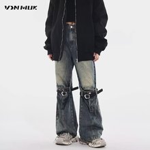 跨境潮牌hiphop拼接牛仔裤男女美式高街复古做旧嘻哈休闲长裤代发