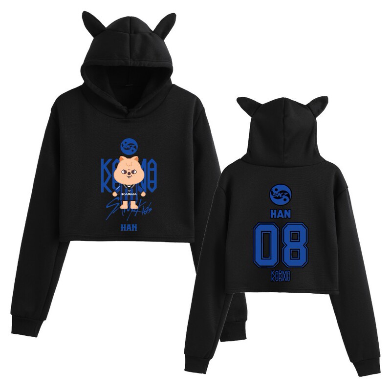 New Cross-Border Bts Skz Cat Ear Sexy Crop Top Loose Hooded Sweatshirt for Girls