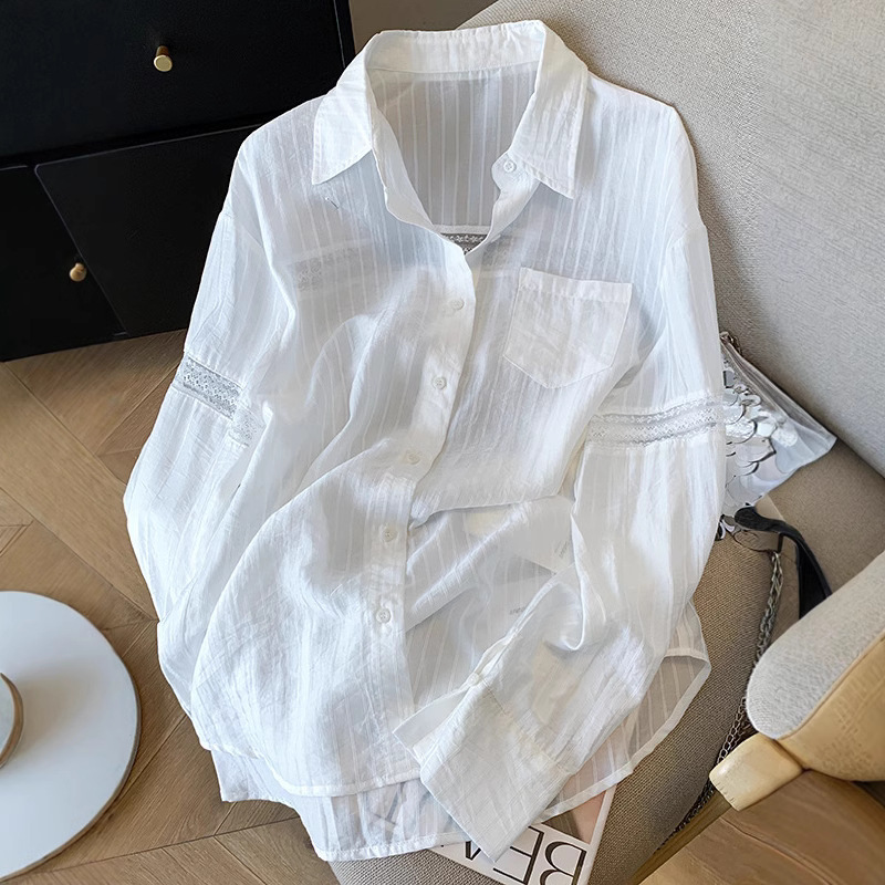 Lace Hollow Lazy Style ~ Loose White Sunscreen Shirt Women's Top Summer Thin Ice Silk Shirt Jacket