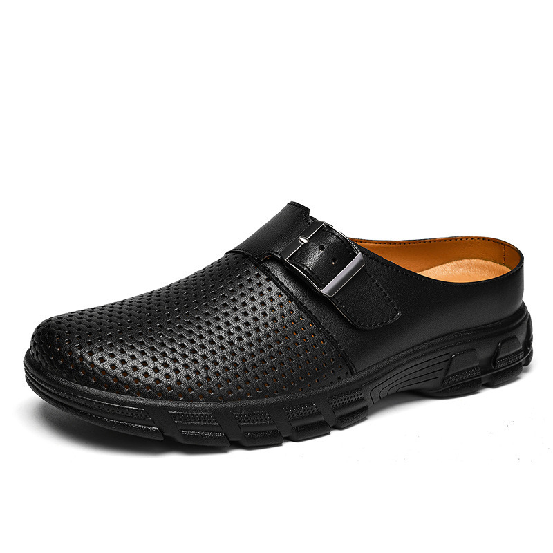 Men's Closed-Toe Slippers, Genuine Leather Breathable Clogs, Thick-Soled Non-Slip Casual Leather Shoes, Slip-On Mules